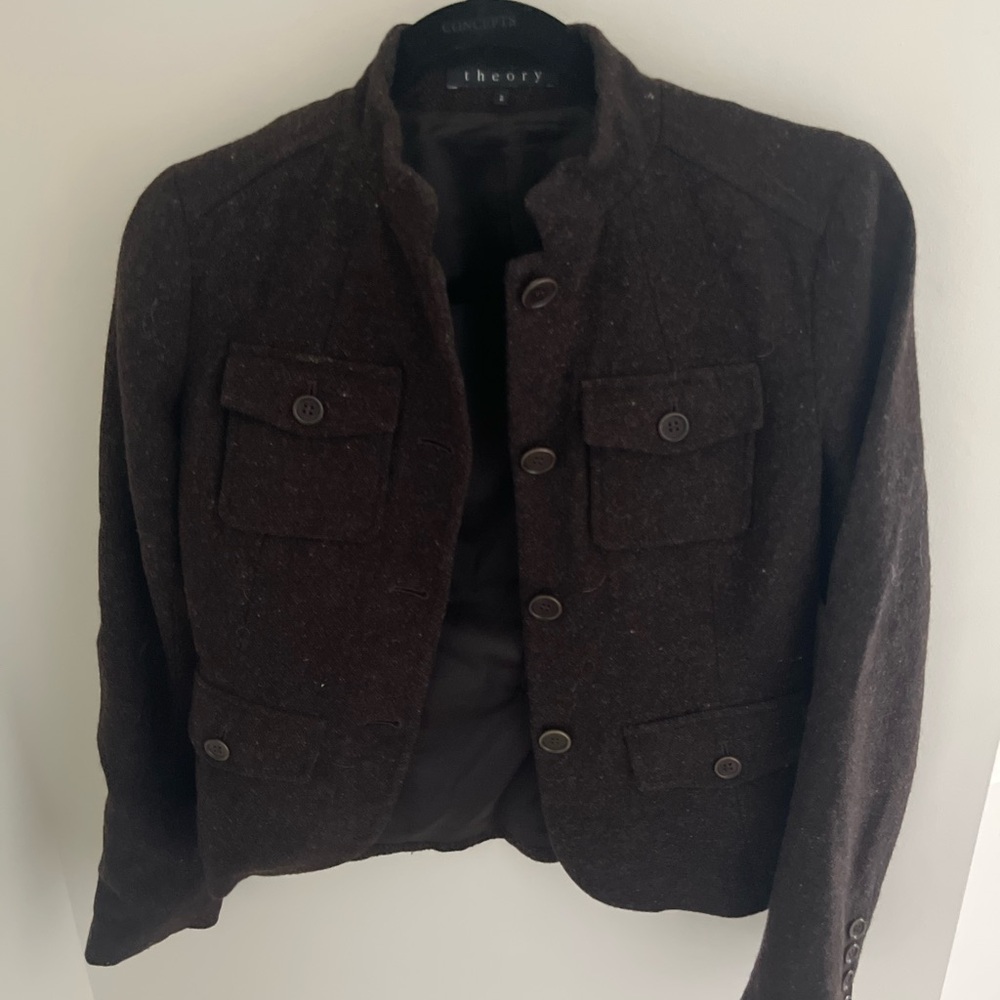 Theory Dark Brown Wool Tweed Mandarin Jacket